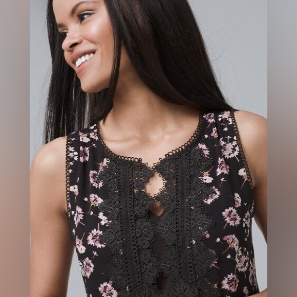 Lace-Detail Printed Shell | Size XXS | Color Black with Lavender Frost | WHBM - Picture 5 of 7
